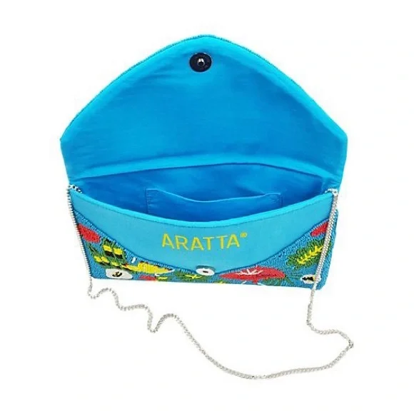 💕 ARATTA paradise hand embellished clutch flamingo print blue beaded NEW strap - Picture 4 of 7